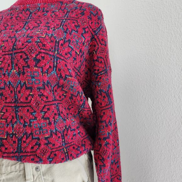 Vintage 80s Isle of Cotton Red Blue Geometric Knit Sweater Drop Shoulder L - Picture 5 of 9
